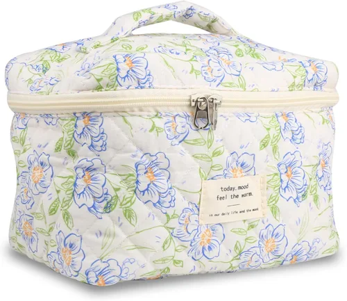 VIWIME Bolsa de Cosméticos de Maquillaje, Grande de Algodón Acolchado de Viaje Coquette Estética Linda Floral Bolsa de Maquillaje para Mujeres