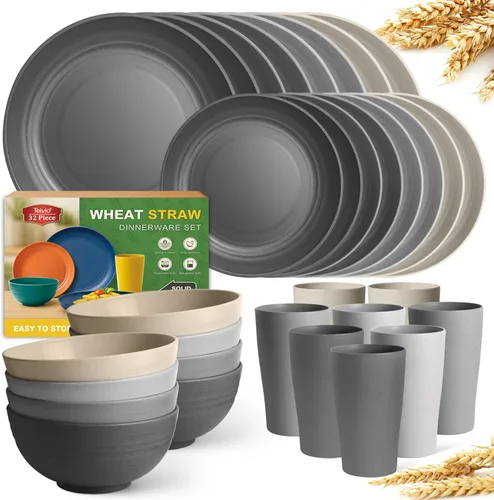 Miniatura 22 de Teivio - Juego de vajilla de paja de trigo de 32 piezas para cocina, juego de platos de plástico irrompible, servicio para 8, juego moderno de Negro