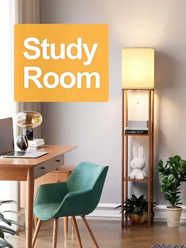 Miniatura 8 de Lámpara de pie con estantes para sala de estar color marrón nogal, lámpara de pie con estante con bombilla LED de 3 CCT, lámpara de columna de pie
