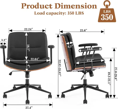 Miniatura 2 de Silla de Oficina para Hogar con Respaldo y Ruedas, Silla Giratoria Ejecutiva Moderna de Nogal, Silla de Tocador de Piel Sintética con Soporte Negro
