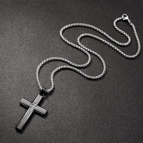Miniatura 5 de Collar de cruz para hombre, colgante de acero inoxidable 316L, color blanco, dorado, negro, azul, caja de regalo incluida
