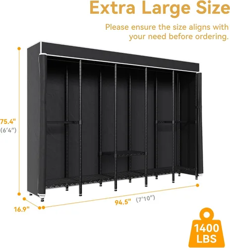 Miniatura 5 de Higeego Perchero de Ropa Resistente de 94.5" de Ancho con Cubierta, Perchero de Ropa H5C con Estantes Ajustables Armario Closet Independiente