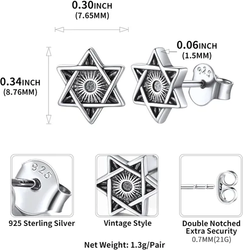 Miniatura 4 de ChicSilver Pendientes retro de plata de ley 925 con estrella de Davidojo de Horus para mujeres, adolescentes y niñas, hipoalergénicos