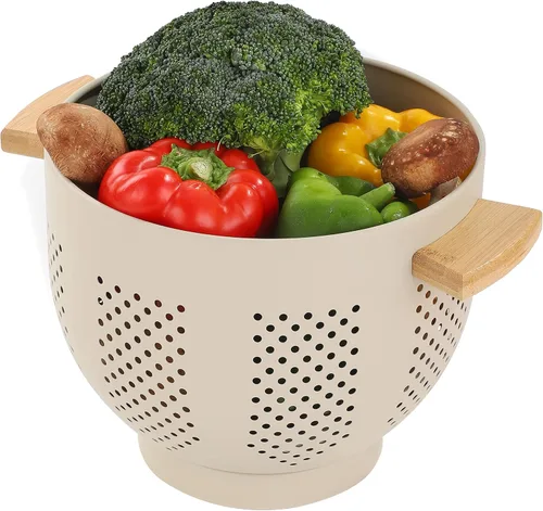 Miniatura 9 de Colador de metal con mango de madera y base estable, cesta coladora de cocina de acero con recubrimiento en polvo para escurrir pasta, verduras