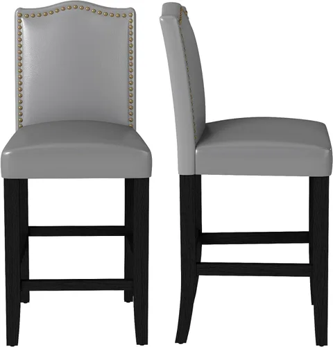 Miniatura 14 de LSSPAID Juego de 2 taburetes de bar, de 28.5 pulgadas, modernos tapizados de tela, taburetes de bar con respaldo de cabeza de clavo y patas de Beige
