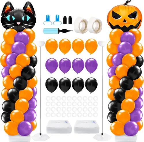 Miniatura 17 de Kasyat Juego de 2 soportes de columna de globos para fiesta de arañas con 2 arañas y 100 globos de látex rojos, azules y negros, soportes de arco