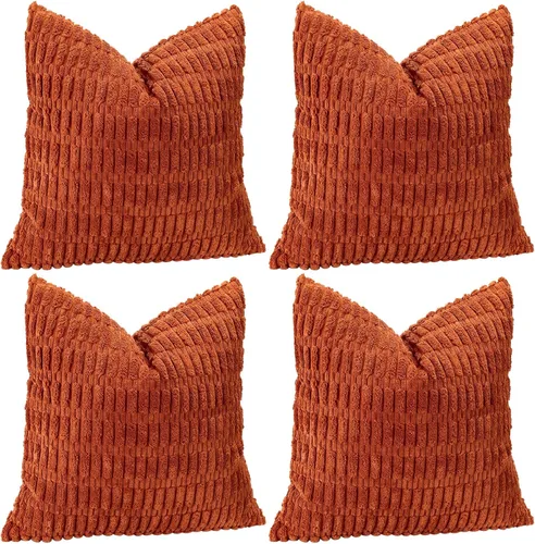 Miniatura 8 de OTOSTAR - Juego de 4 fundas de cojín decorativas de pana suave de 18 x 18 pulgadas, fundas de cojín a rayas cuadradas para decoración bohemia