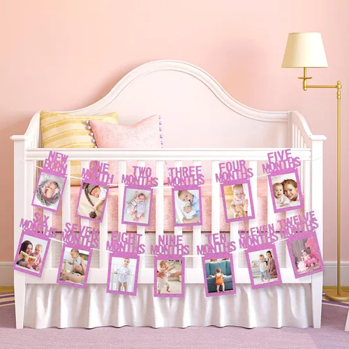 Miniatura 5 de Whaline Cartel de fotos de bebé de primer cumpleaños para recién nacidos a 12 meses, guirnalda de fotos de hitos mensuales, decoración de Rosa fuerte