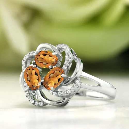 Miniatura 22 de Gem Stone King Flower Blossom Gemstone Birthstone Ring in 925 Sterling Silver 3-Stone Oval 6X4MM with Sparkling Accents Wedding Anniversary