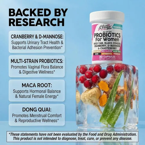 Miniatura 3 de Clean Nutraceuticals Probióticos para mujeres con D manosa, extracto de arándano, ñame silvestre, chasteberry – 20 cepas probióticas y prebióticas