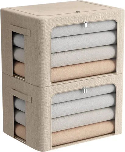 Miniatura 20 de FHSQX Paquete de 2 contenedores de almacenamiento de ropa apilables, caja de almacenamiento con marco de metal, organizador plegable de tela de lino