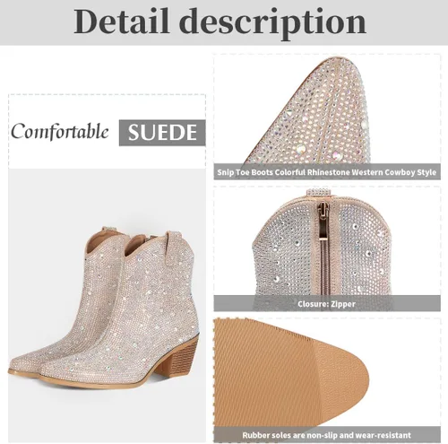 Miniatura 7 de FIFSY Botas vaqueras con diamantes de imitación para mujer, tacón grueso con purpurina