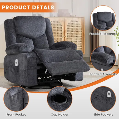 Miniatura 5 de Silla reclinable giratoria para adultos, reclinable de gran tamaño con masaje y calor lumbar, mecedora con bolsillo lateral, 2 portavasos para sala