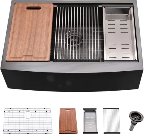 Estación de trabajo de fregadero de cocina de granja de 84 cm negro - VOKIM 84x56 cm estación de trabajo con frente descubierto fregadero de cocina