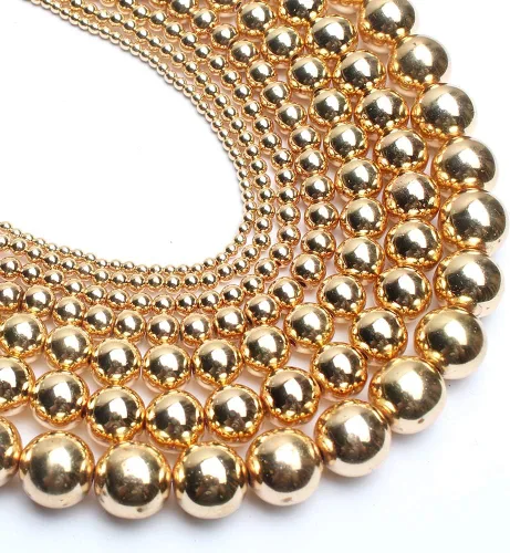 Cuentas de hematita de oro de 14K, cuentas sueltas redondas para hacer joyas, pulseras y collares de bricolaje, cuentas de 6 mm/60 piezas