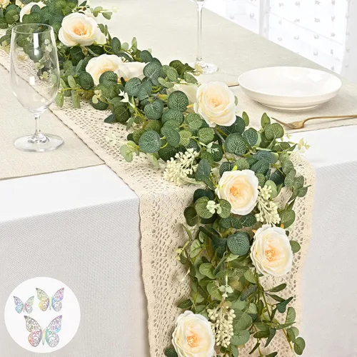 Yastouay 2 guirnaldas de flores de 13.4 pies con mariposa, guirnalda de eucalipto artificial con flores de champán, rosa falsa de camelia para
