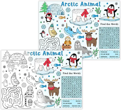 Serencatcher 12 manteles individuales de animales árticos para colorear, manteles individuales de invierno para actividades de mesa de niños,