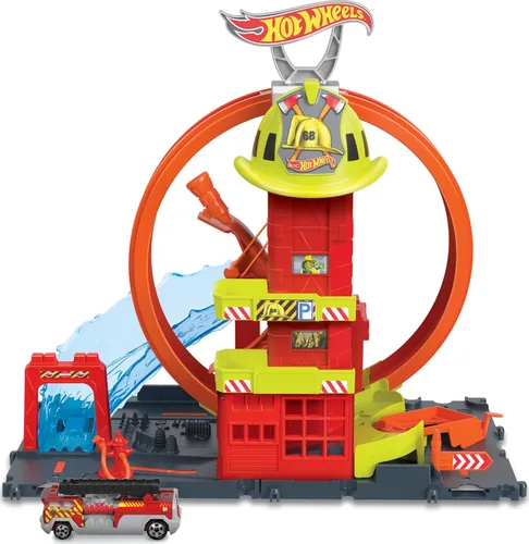 Hot Wheels City con 1 coche de juguete, ascensor impulsado por niños, rampa tipo agua, características de pista de juego, se conecta a otros