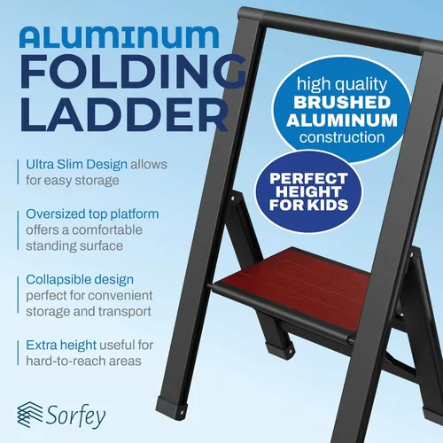 Miniatura 3 de Escalera plegable de 1 escalón, decorativa, hermosa caoba y aluminio negro, perfil ultra delgado, peldaños antideslizantes, resistente y portátil