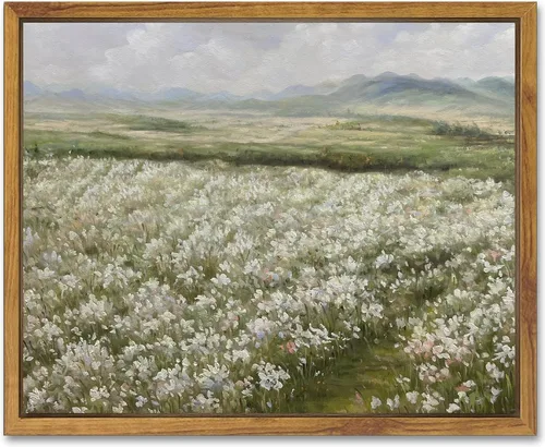 SHENIFY Lienzo enmarcado de paisaje vintage, arte para pared, campo de flores, pinturas clásicas, granja, cocina, oficina, decoración – 8 x 10 Prado