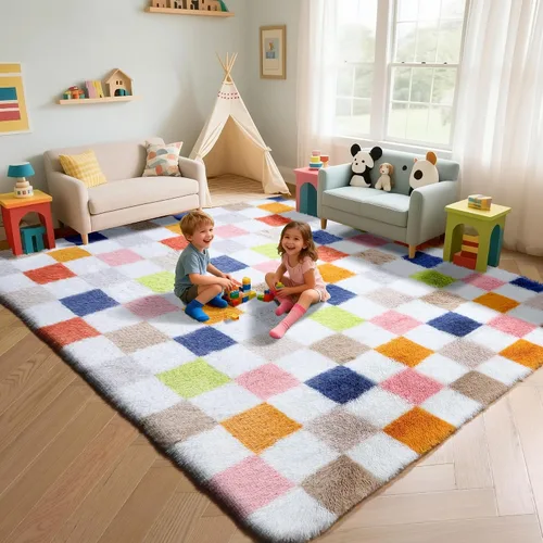 Miniatura 8 de KICMOR - Tapete a cuadros afelpado, peludo, mullido, color beige y blanco crema, pequeño, de 2 x 3 pies, para dormitorio, sala, junto a la cama