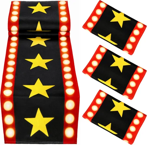 Miniatura 5 de Camino de mesa de noche de cine de 13 x 72 pulgadas con diseño de estrella dorada, decoración de alfombra negra para suministros de fiesta