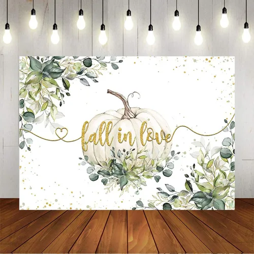 Miniatura 5 de Mocsicka Fondo de fondo de otoño enamorado, tema de boda, hojas de eucalipto verdes, lunares dorados, calabaza, fondo de vinilo, calabaza