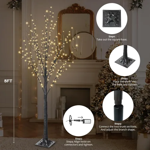 Miniatura 3 de Árbol iluminado con 400 luces LED de 5 pies, incluye luces parpadeantes, abedul LED con temporizador para exteriores, interiores, Pascua, Navidad