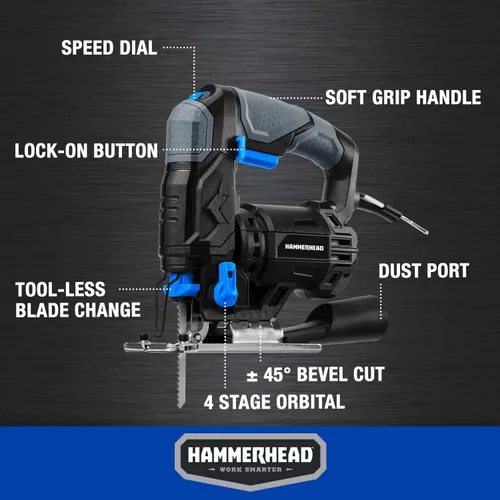 Miniatura 8 de Hammerhead Sierra Caladora de 4.8 Amperios de 3/4 Pulgadas con 2 Hojas de Corte de Madera, Velocidad Variable y Función Orbital - HAJS048