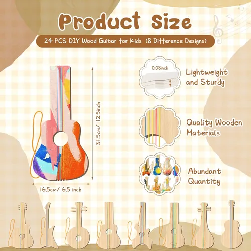 Miniatura 2 de Syhood 24 piezas de recortes de guitarra de madera para niños, recortes de guitarra de madera de 12 x 6.5 pulgadas para niños y niñas, instrumento