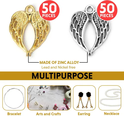 Miniatura 2 de JGFinds Dije de alas de ángel, paquete de 100 (50 plateadas, 50 en tono dorado) suministros para hacer joyas, pequeñas alas de metal de 7/8 pulgadas