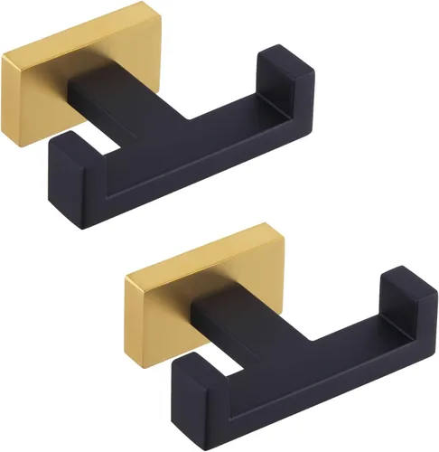 Miniatura 17 de APLusee Paquete de 2 ganchos dobles para toallas de baño, soporte cuadrado de doble capa de acero inoxidable sólido, moderno para baño y cocina, Oro
