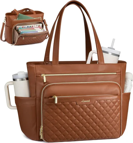 Miniatura 12 de LOVEVOOK: bolsa de mano para profesores con bolsillo de acordeón, maletín de trabajo de cuero PU suave acolchado, bolsa para laptop con portavasos