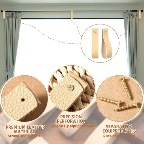 Miniatura 3 de Bucherry 8 ganchos de pared de cuero con tornillos, barra de cortina, correas para colgar en la pared, soporte para toallas, asa para manija