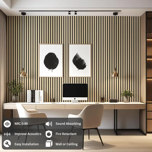 Miniatura 4 de AMZDEPOT Panel de pared de listones de madera, paneles de madera de 48 x 24 pulgadas para pared, paneles de pared insonorizados 3D, paneles Roble