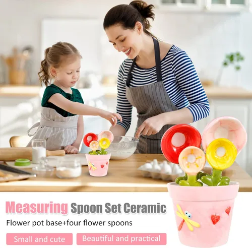 Miniatura 2 de Juego de 4 cucharas medidoras de flores de cerámica con base, maceta decorativa y juego de tazas para el hogar y la cocina (rosa)