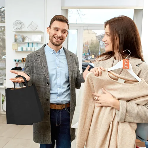 Miniatura 5 de MESHA Bolsas de regalo de papel kraft negro de 8 x 4.25 x 10.5 pulgadas con asas, paquete de 50 bolsas de compras recicladas reutilizables a granel