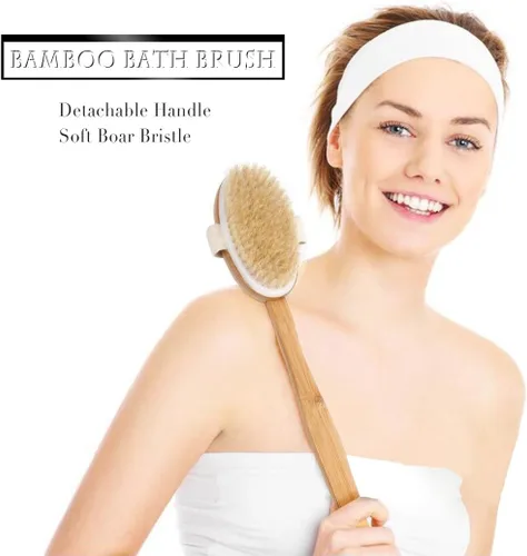 Miniatura 7 de Cepillo corporal de baño y ducha, cepillado de piel seca con cerdas de jabalí 100% naturales y mango desmontable de bambú de 16 pulgadas de largo