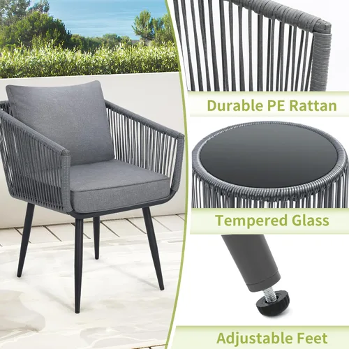 Miniatura 3 de Kromax Juego de 3 piezas de muebles de ratán para patio, juego de mimbre para café al aire libre, sillas y mesa auxiliar, ideal para balcón, porche