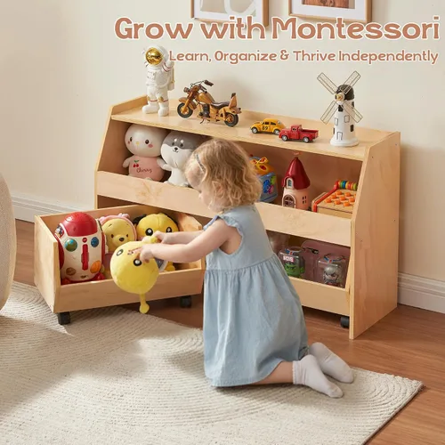 Miniatura 4 de Montessori - Estante organizador de juguetes 3 en 1 para niños con ruedas, 2 cajones extraíbles y armario de almacenamiento de madera de 2 niveles