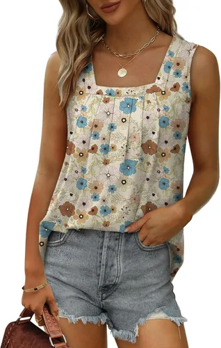 Miniatura 187 de Saloogoe - Camisetas sin mangas veraniegas para mujeres, plisadas con cuello cuadrado y dobladillo curvado, blusas de ajuste holgado con movimiento