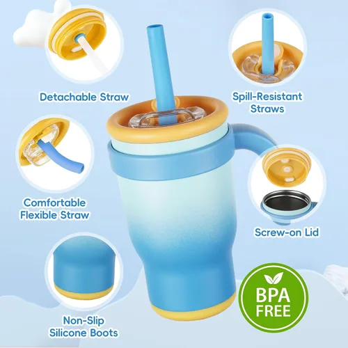 Miniatura 6 de Taza de 14 onzas para niños pequeños con aislamiento al vacío de acero inoxidable con asa, taza a prueba de derrames, pajita a prueba de fugas, taza