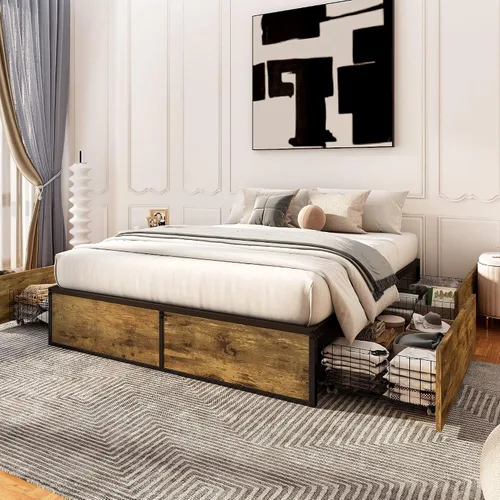 Miniatura 3 de Allewie Cama de almacenamiento industrial con cajones, plataforma de metal de madera, resistente y sin ruido, tamaño matrimonial moderno