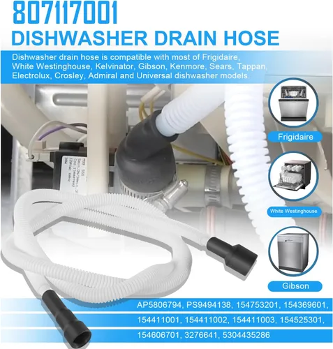 Miniatura 2 de 807117001 Reemplazo de manguera de drenaje para lavavajillas Frigidaire Electrolux White Westinghouse Tappan 154753201 154369601