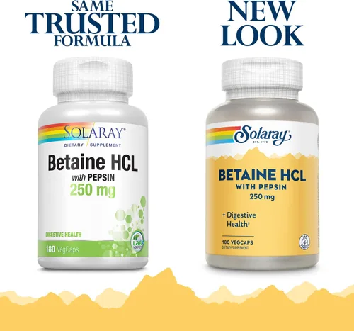 Miniatura 2 de SOLARAY Betaína HCl con Pepsina 250 mg Suplemento para hombres y mujeres - Apoyo digestivo, cápsulas de clorhidrato de betaína, fórmula de apoyo