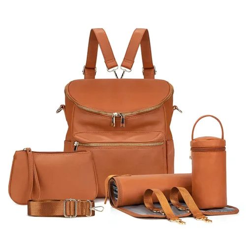 Miniatura 11 de Mochila para pañales, mochilas de cuero de moda para mamá, bolsas de pañales para bebés pequeños con organizador en bolsa y cambiador, Negro, M