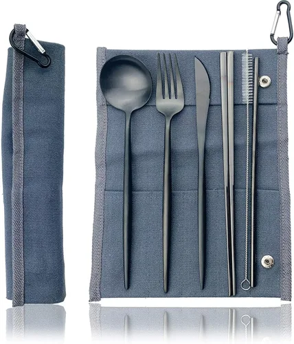 Miniatura 16 de JASHII El juego de cubiertos de viaje incluye cuchillo reutilizable, tenedor, cuchara, palillos, pajilla, utensilios ecológicos, utensilios de Azul
