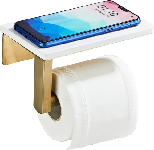 Soporte de papel higiénico con estante en oro cepillado, 304 de acero inoxidable con tornillos de montaje en pared, soporte para rollo de papel