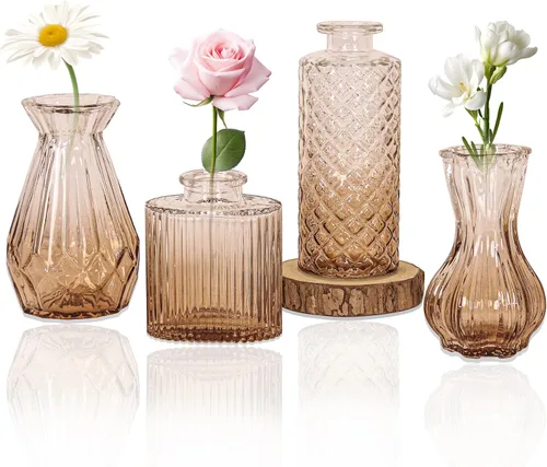 Miniatura 19 de Juego de 4 jarrones de cristal para brotes, pequeños jarrones de flores transparentes vintage como centros de mesa para mesa a granel, lindos mini