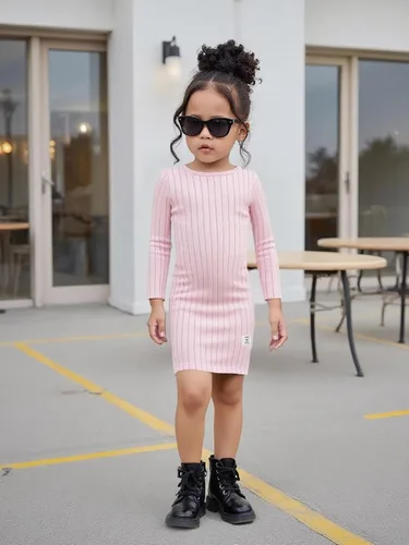 Miniatura 4 de Vestidos para niñas, Juego de 3 vestidos para niñas pequeñas de manga larga de color sólido, elegantes y casuales, con diseño acanalado, talla 2-8